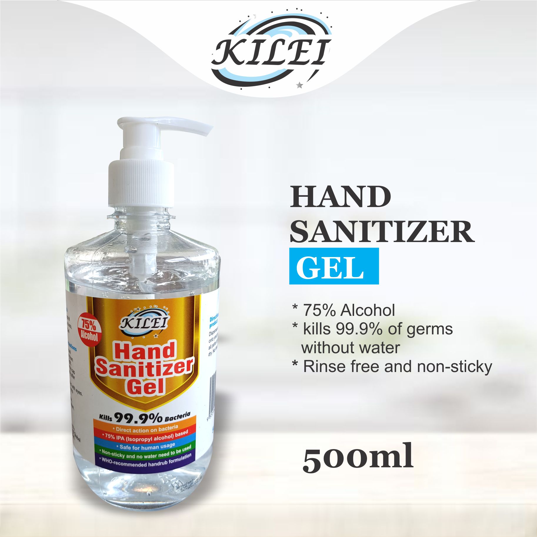 Kilei Hand Sanitizer Gel – 75% Alcohol  (500ml)