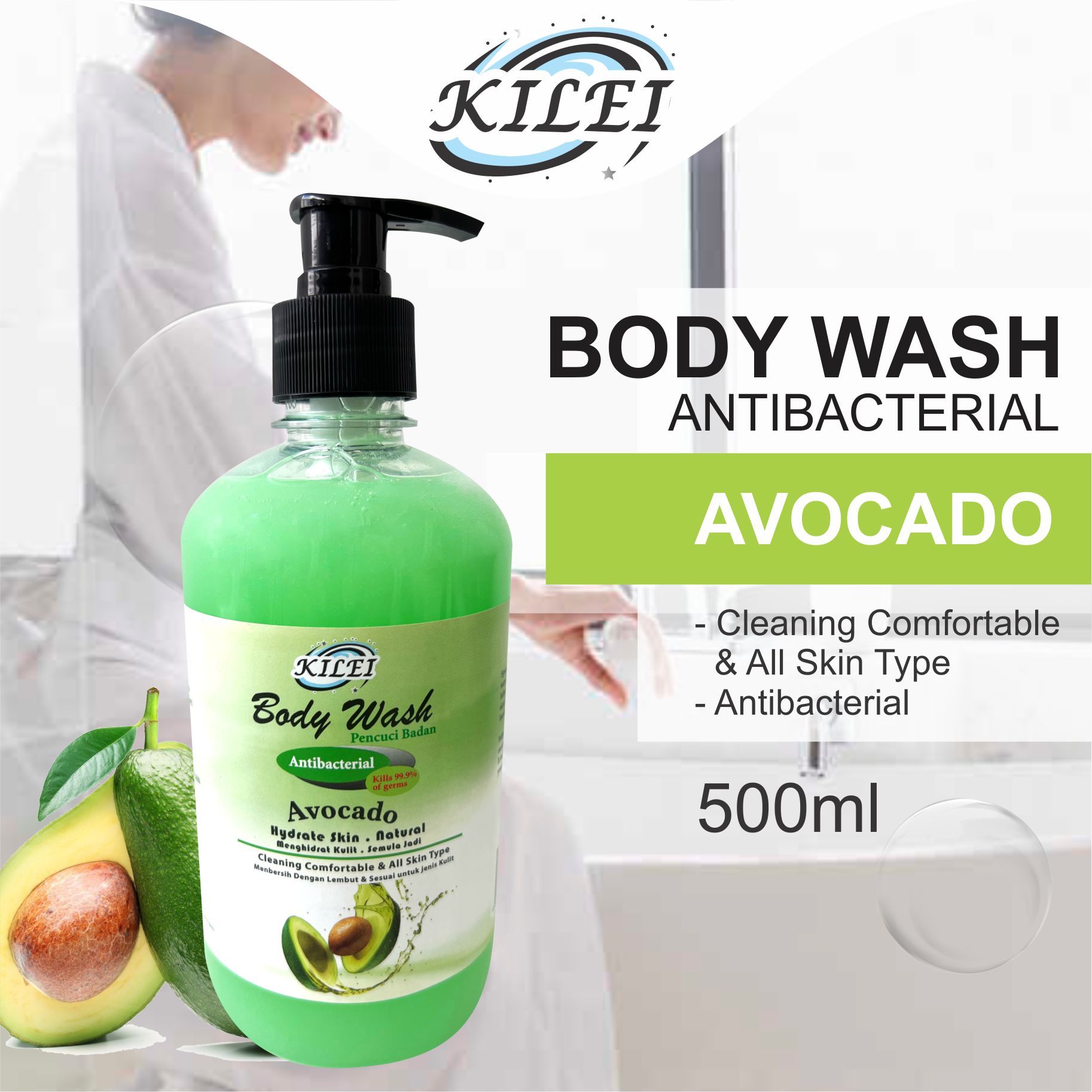 Kilei Hand Body Wash–REFRESHING (500ml)avocado 