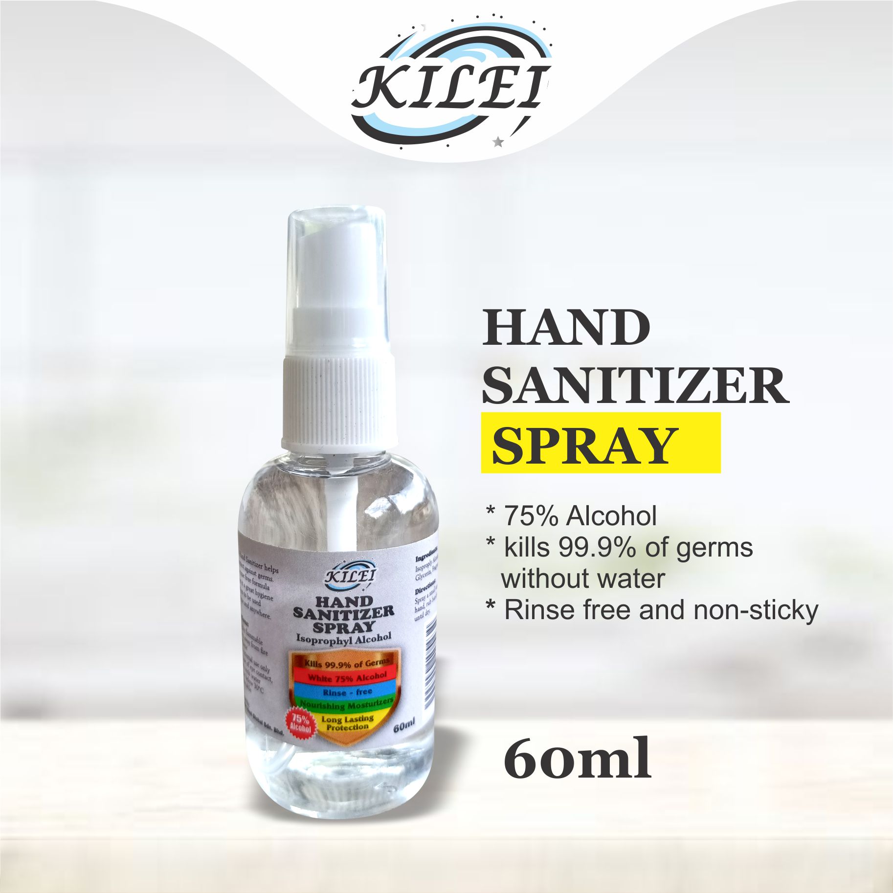 Kilei Hand Sanitizer Spray – 75% Alcohol  (60ml)
