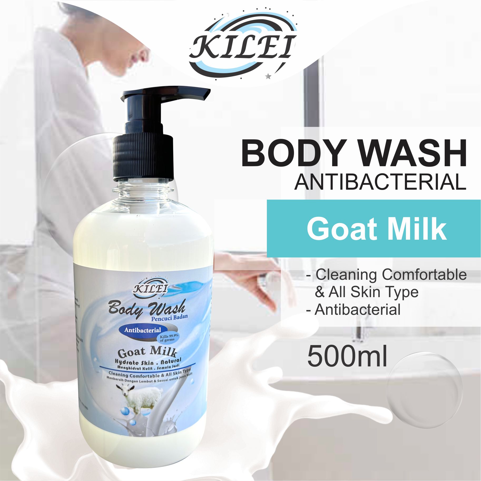 Kilei Hand Body Wash–REFRESHING (500ml) goat's milk