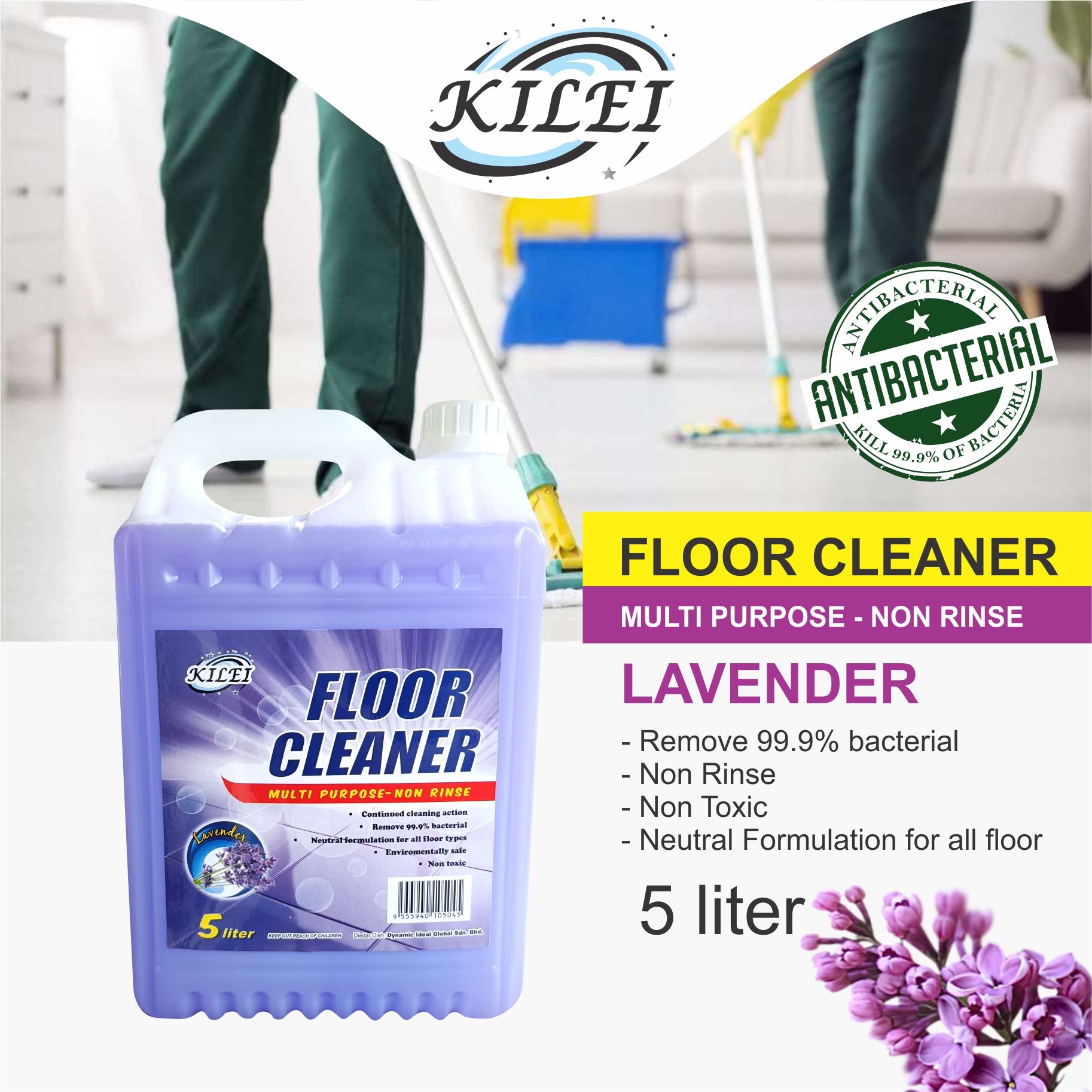 Kilei Lavender Floor Cleaner- Eliminates 99.9% Bacteria – 5 Liter